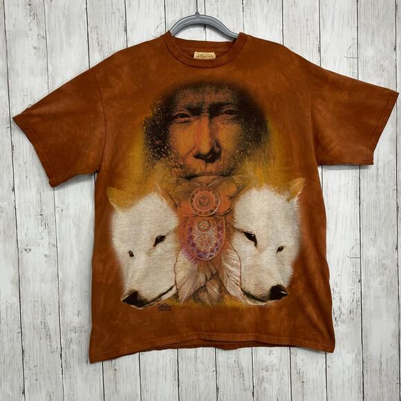 Vintage The Mountain Short Sleeve Tie Dye Native American Wolf Cotton T-Shirt - Picture 1 of 9